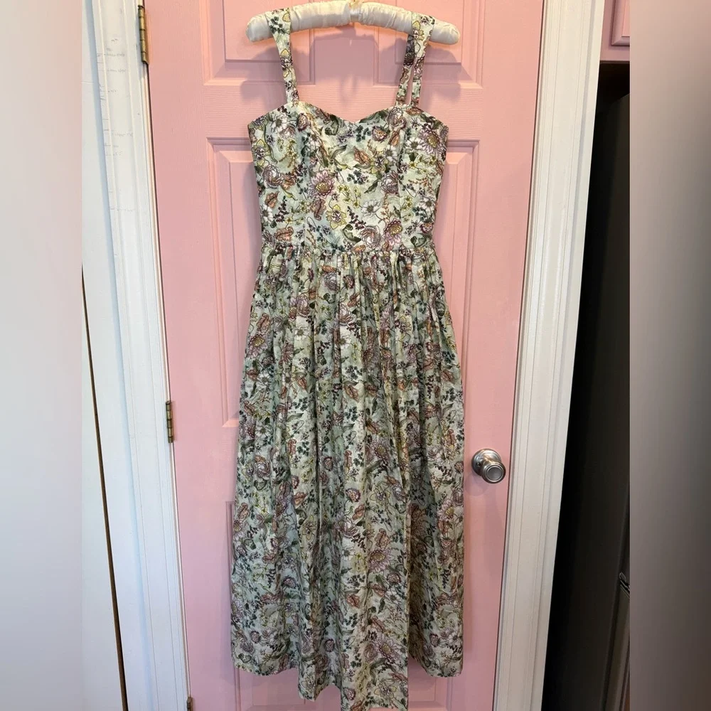💗Aqua Blu Floral Silk Blend Lotus Drop Waist Maxi Dress Sundress Small - Picture 5 of 14